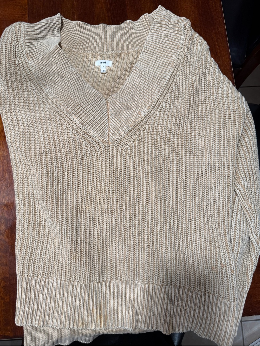 aerie Ribbed V-Neck Sweater in Sand
